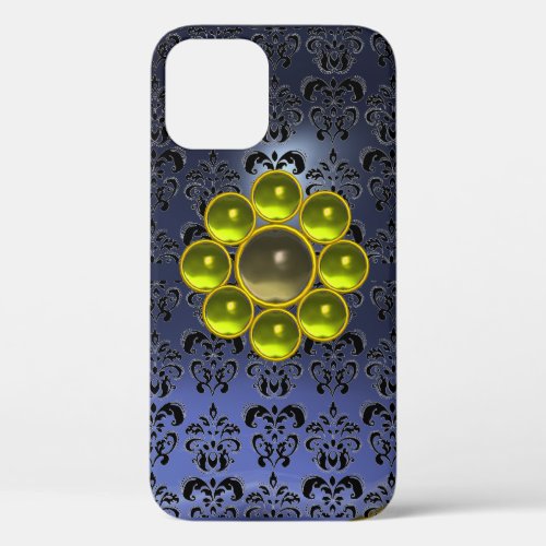 YELLOW GREY GEMSTONE MON Blue Black Damask iPhone 12 Case