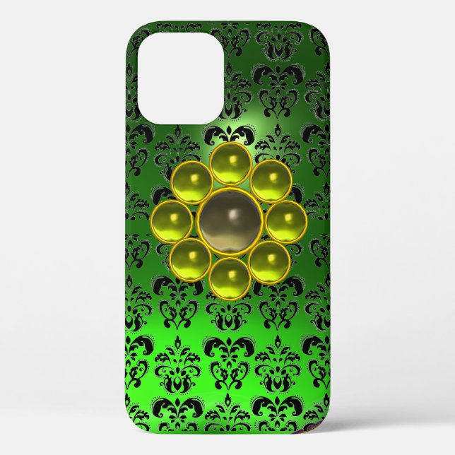 YELLOW GREY GEMSTONE MON Green Black Damask Case-Mate iPhone Case (Back)