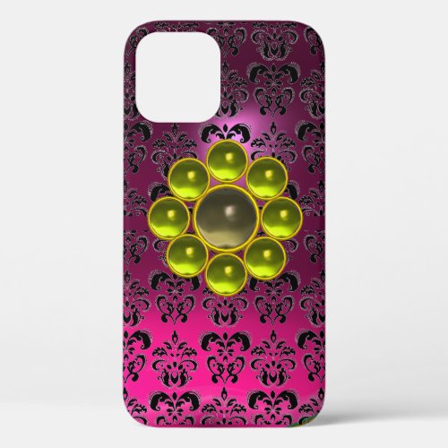 YELLOW GREY GEMSTONE MON Pink Fuchsia Black Damask iPhone 12 Case