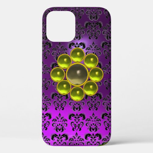 YELLOW GREY GEMSTONE MON Purple Black Damask  iPhone 12 Case