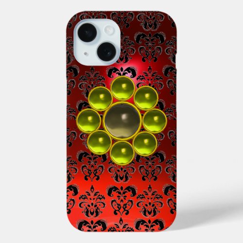 YELLOW GREY GEMSTONE MON Red Black Damask  iPhone 15 Case