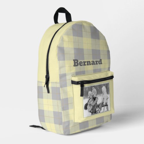 Yellow Grey Gingham Plaid Pattern Name and Photo Printed Backpack