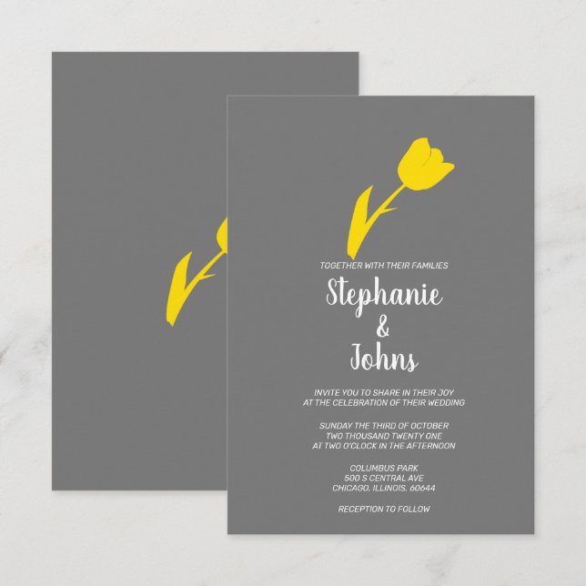 Yellow Grey Gray Floral Spring Summer Wedding Invitation (Front/Back)