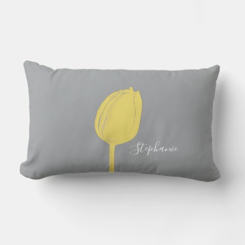 Yellow Grey Gray Floral Tulips Abstract Monograms Lumbar Pillow