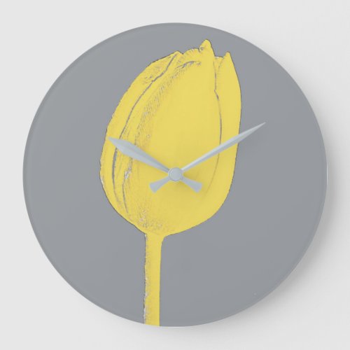 Yellow Grey Gray Floral Tulips Art Abstract Cool Large Clock