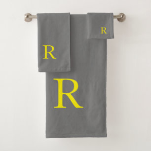 Yellow Grey Gray Monogram Initial Modern Cute Bath Towel Set