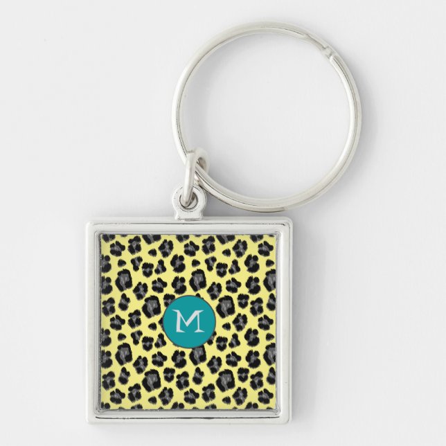 Yellow Grey Leopard Print Monogram Keychain (Front)