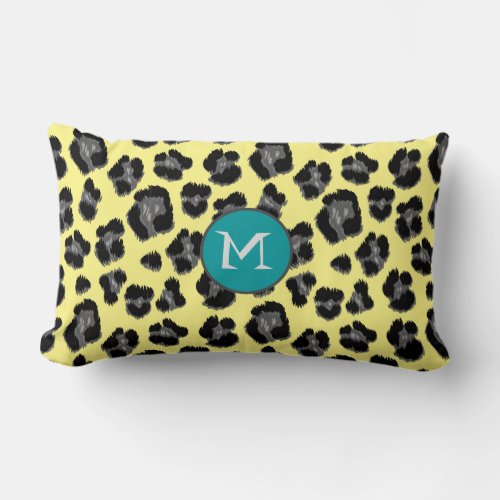 Yellow Grey Leopard Print Monogram Lumbar Pillow