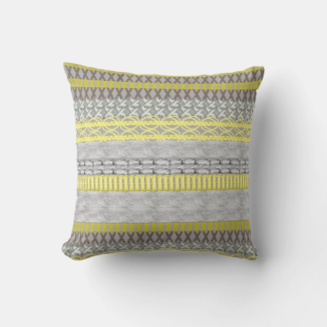 Yellow Grey Modern Fairisle Patterned Throw Pillow (Front)
