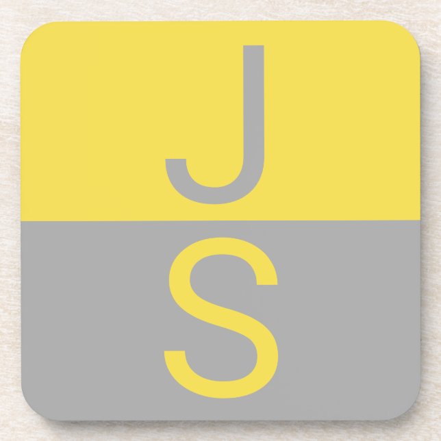 Yellow & Grey Modern Initials Monogram Beverage Coaster (Front)