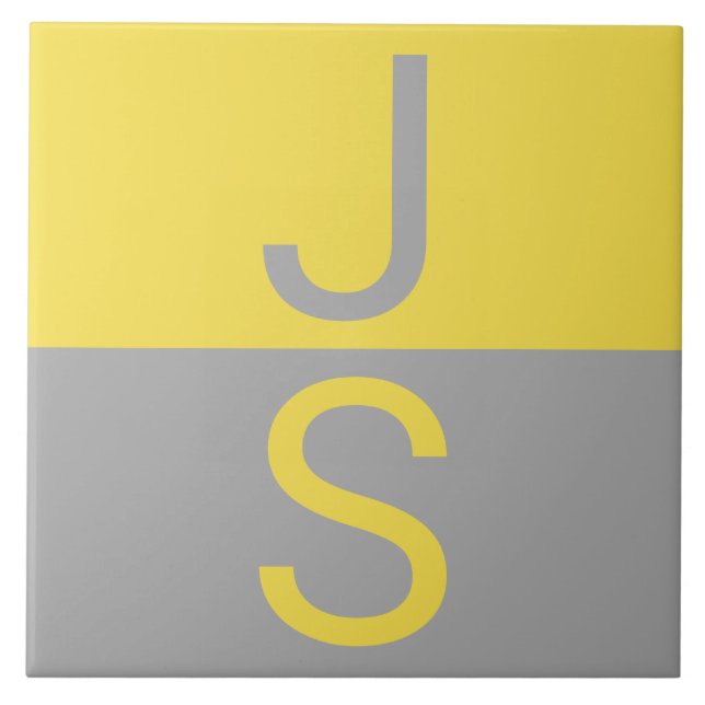 Yellow & Grey Modern Initials Monogram Ceramic Tile (Front)