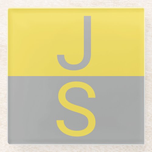 Yellow  Grey Modern Initials Monogram Glass Coaster