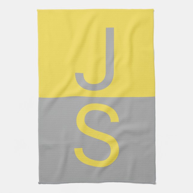 Yellow & Grey Modern Initials Monogram Kitchen Towel (Vertical)