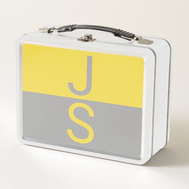 Yellow & Grey Modern Initials Monogram Metal Lunch Box (Front)