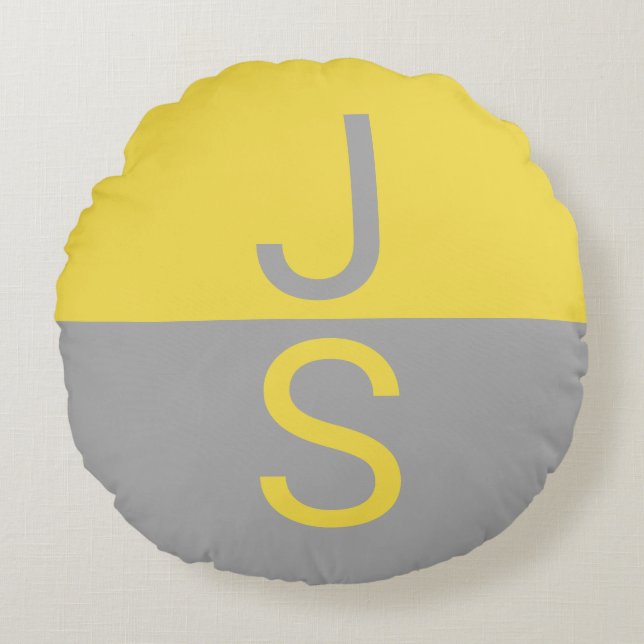 Yellow & Grey Modern Initials Monogram Round Pillow (Front)