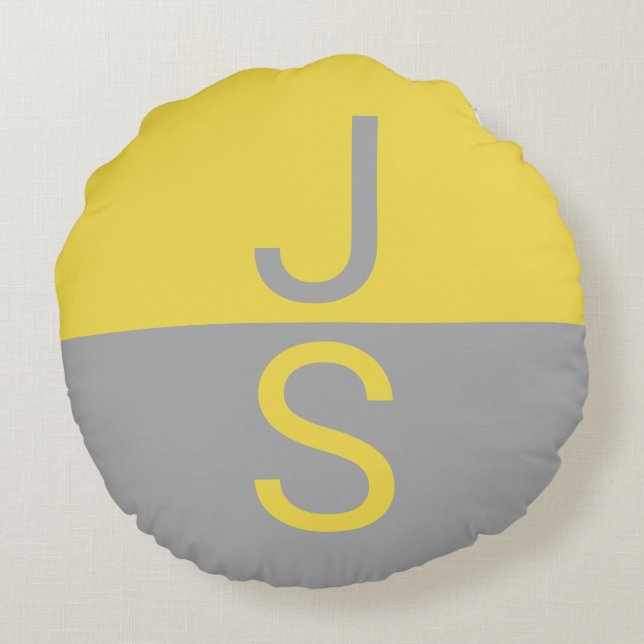 Yellow & Grey Modern Initials Monogram Round Pillow (Back)