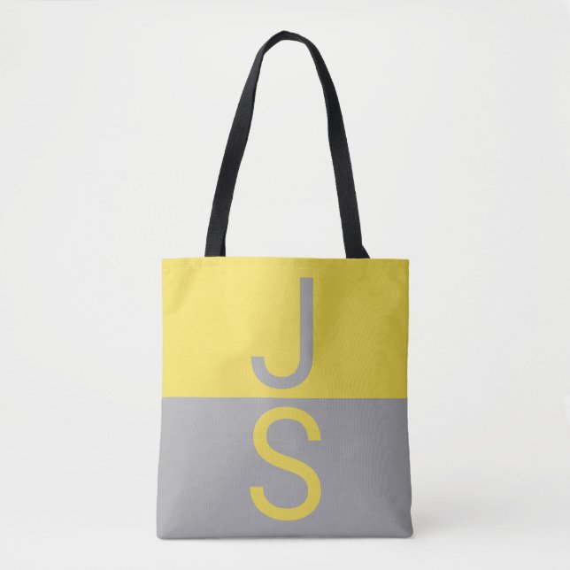 Yellow & Grey Modern Initials Monogram Tote Bag (Front)