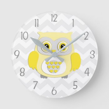 Yellow Grey Owl Nursery Wall Clock by Kookyburra at Zazzle