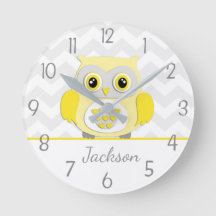 Yellow Grey Owl Nursery Wall Clock