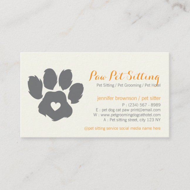 Yellow Grey Pet Sitter Social Media Dog Cat Paw Business Card