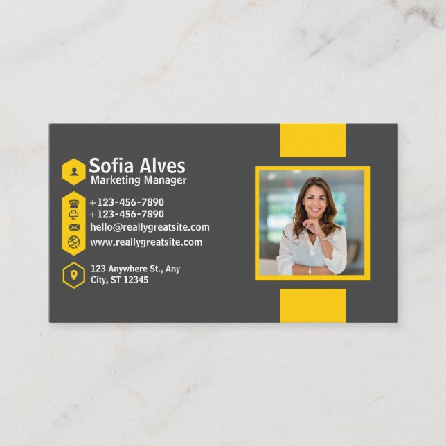 Yellow Grey Photo Modern Minimalist Professional Business Card (Front)