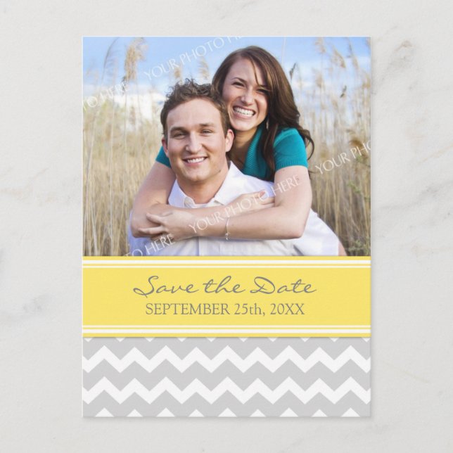 Yellow Grey Photo Save the Date Wedding Postcards (Front)