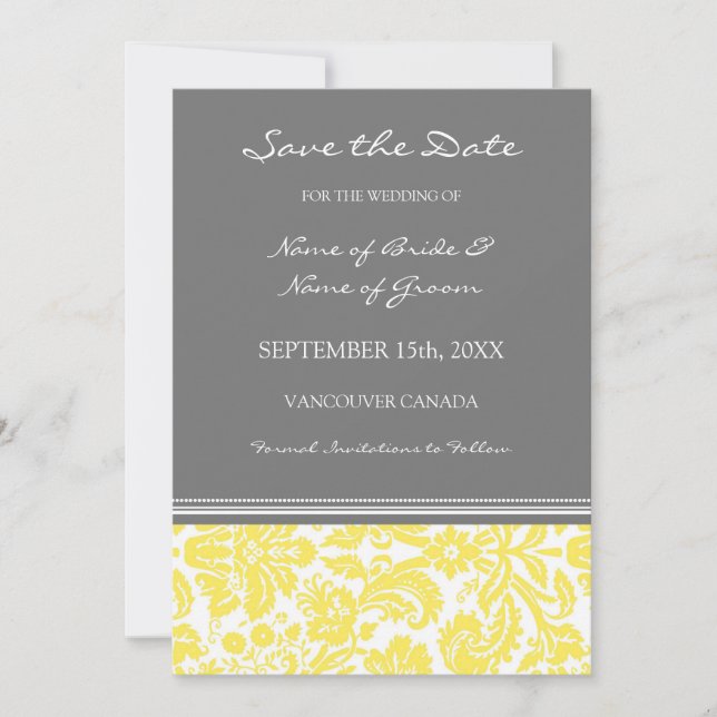Yellow Grey Photo Wedding Save the Date Card (Front)