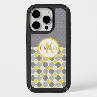 Yellow Grey Polka Dots and Quatrefoil Personalized iPhone 15 Pro Case
