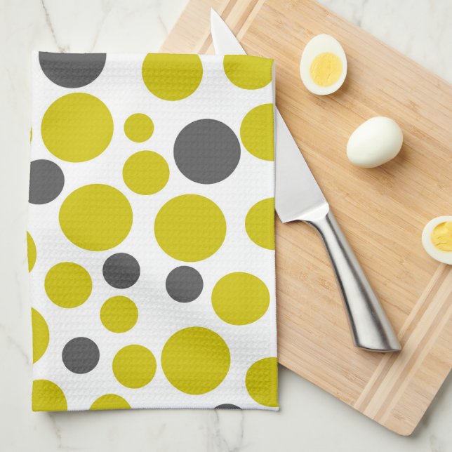 yellow grey polka dots on a white background kitchen towel (Quarter Fold)