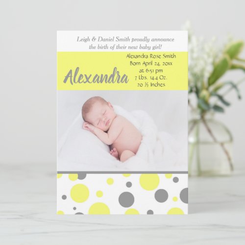Yellow  Grey Polka Dots  Photo Birth Announcement