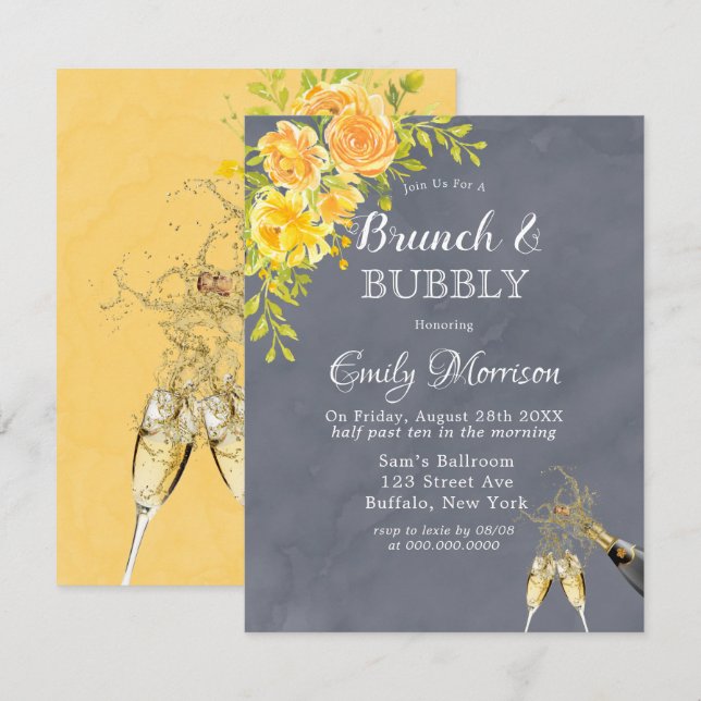 Yellow Grey Rose Peony Champagne Brunch & Bubbly  Invitation (Front/Back)