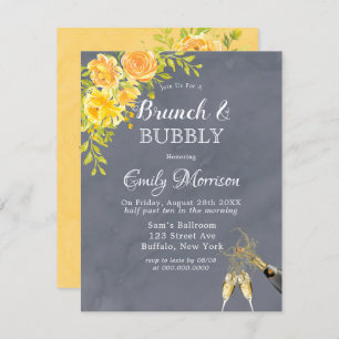 Yellow Grey Rose Peony Champagne Brunch & Bubbly Invitation