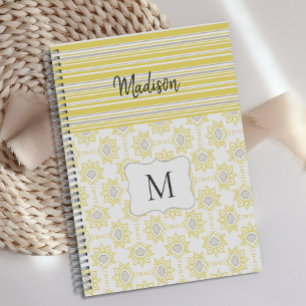 Yellow Grey Stripes Bee Trendy Monogram Planner