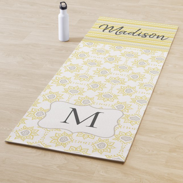 Yellow Grey Stripes Bee Trendy Monogram Yoga Mat (In Situ)