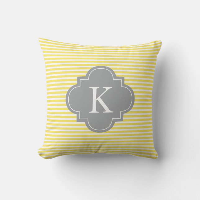 Yellow Grey Stripes Quatrefoil Monogram Throw Pillow (Front)