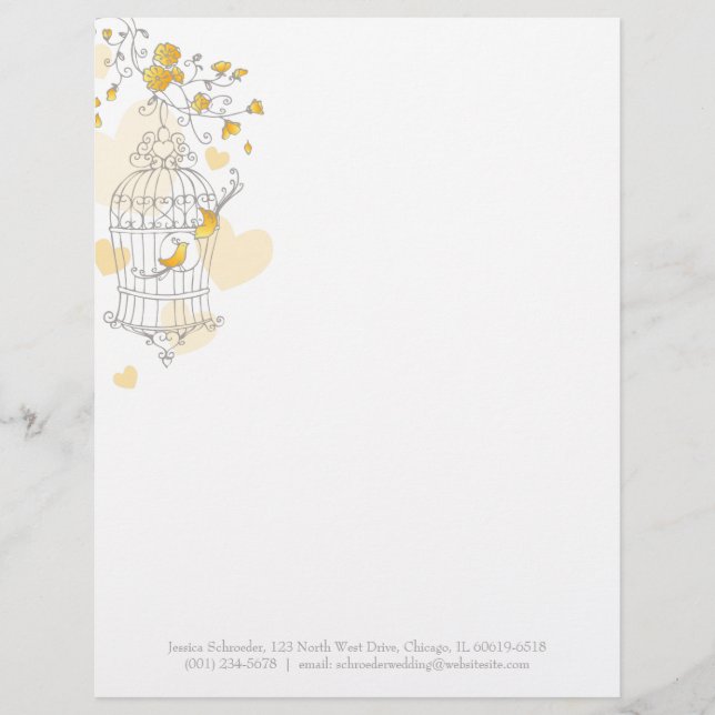 Yellow grey two birds open bird cage letterhead (Front)