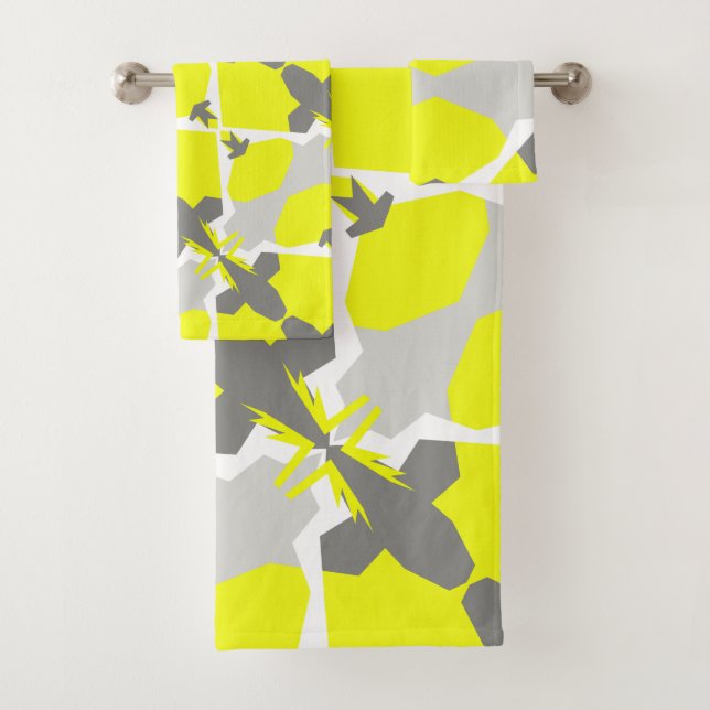 Yellow Grey White Abstract Art Bath Towels (Insitu)