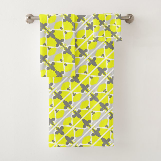 Yellow Grey White Abstract Art Bath Towels (Insitu)