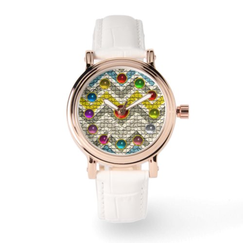 YELLOW GREY WHITE CHEVRONS AND COLORFUL GEMSTONES WATCH