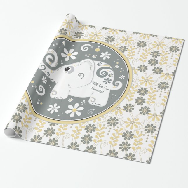 Yellow grey white fancy elephant floral wrapping paper (Unrolled)