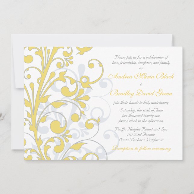 Yellow, Grey White Floral Wedding Invitation (Front)