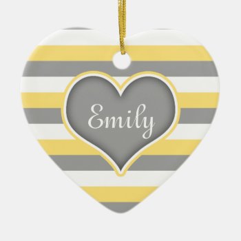 Yellow Grey White Stripes & Heart Ceramic Ornament by DoodlesGiftShop at Zazzle