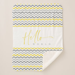 Yellow & Grey Zig Zag Stripes Hello World Quote Sherpa Blanket