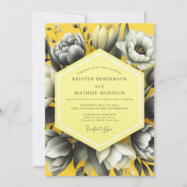 Yellow Greyscale Bloom Wedding Invitation (Front)