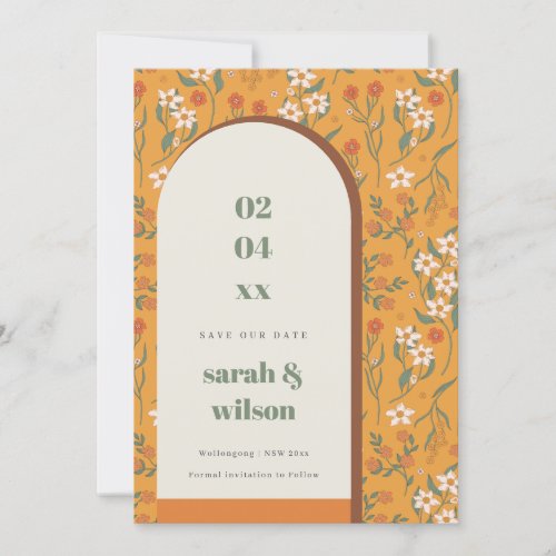 Yellow Groovy Retro Arch Floral Save The Date Card