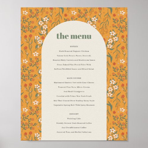 Yellow Groovy Retro Arch Floral Wedding Menu  Post Poster