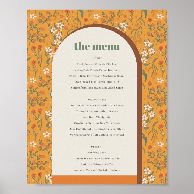 Yellow Groovy Retro Arch Floral Wedding Menu  Poster (Front)