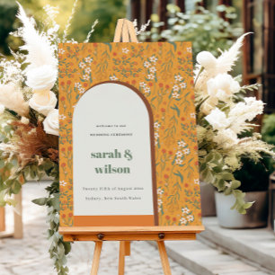 Yellow Groovy Retro Arch Floral Wedding Welcome Foam Board