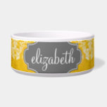 Yellow Grunge Damask Pattern with Custom Text Bowl<br><div class="desc">A vintage pattern with a chalkboard and lace design. Look closely to the flowers and leaves.A trendy design with jewel tone colors and elegance. Items are easier to customize when you replace all text and photos first. If your art still needs to be adjusted, click on the Customize This button....</div>