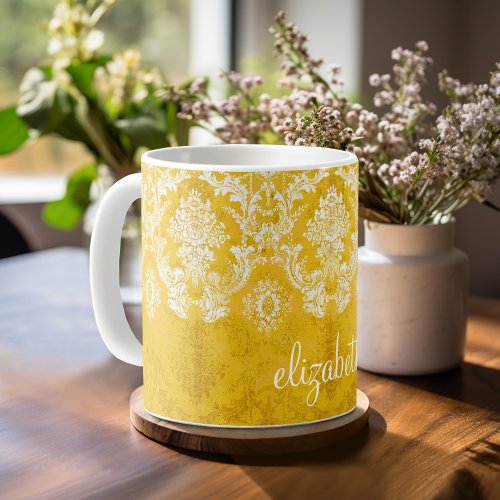 Yellow Grunge Damask Pattern with Custom Text Coffee Mug